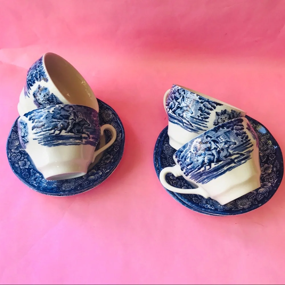 Vintage blue/white Liberty Blue fine china tea cup with saucer set of 4